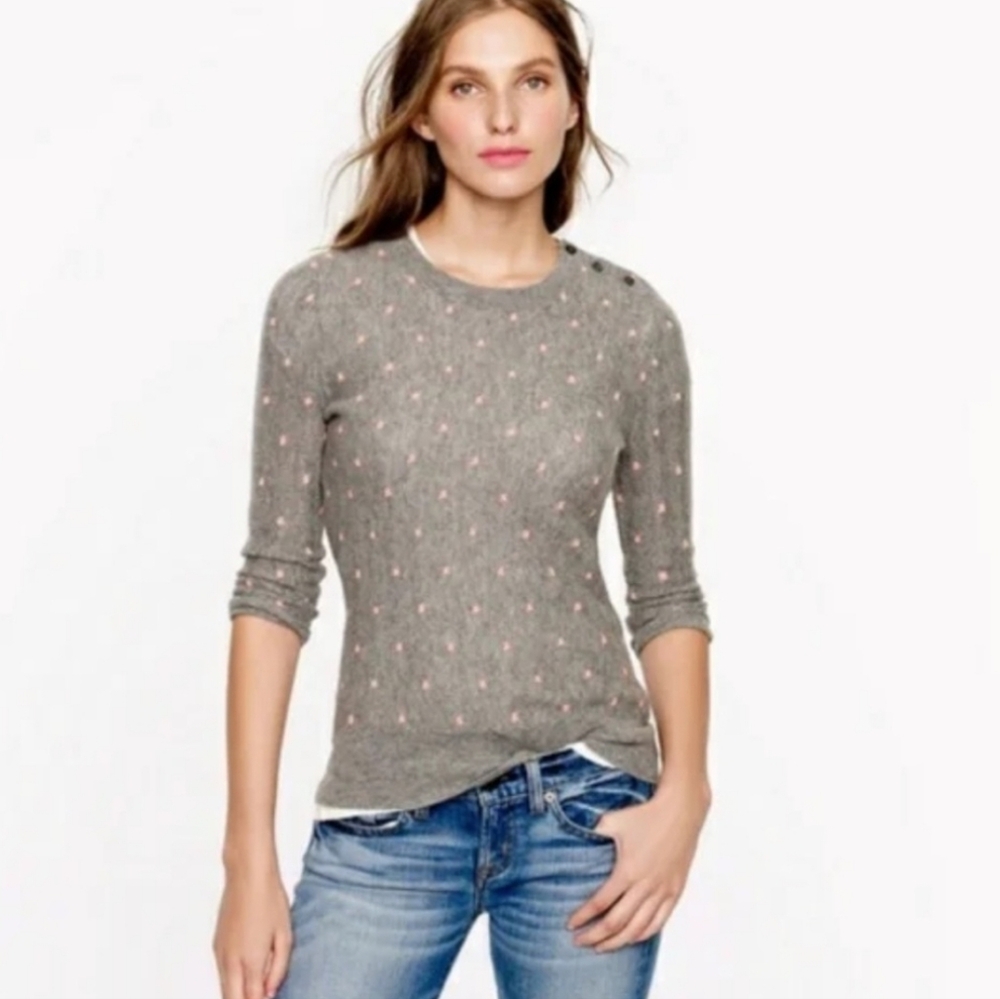 J. Crew Italian Cashmere Knit Crewneck Gray Pink Pointelle Dot Chevron Sweater